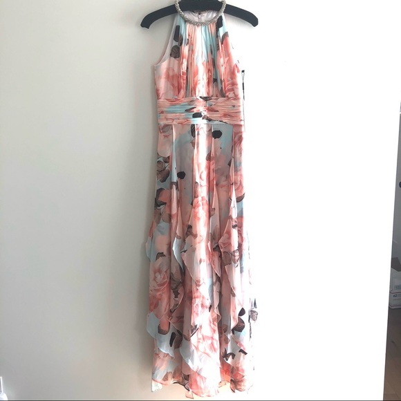 CALVIN KLEIN Pastel Maxi Gown Peach Turquoise Sz 2 - Picture 3 of 16
